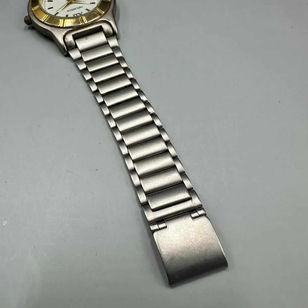 Vintage Helbros Watch Men Silver Gold Two Tone White Dial New Battery 8.5 Inch